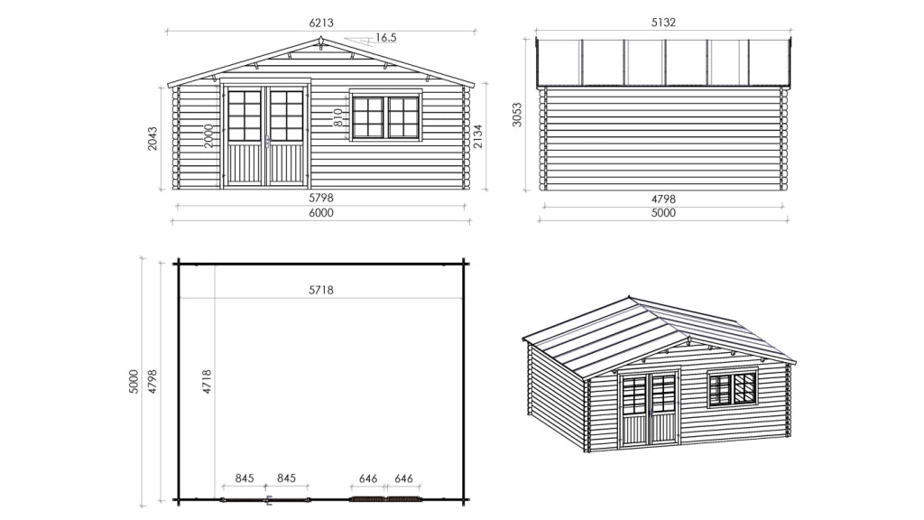 Casetta da giardino in legno con veranda e tettoia - 48m2 - 6x5m - 40mm - colore: naturale - DOM747+DOM556+DOM558+POD04 - ALTANKA