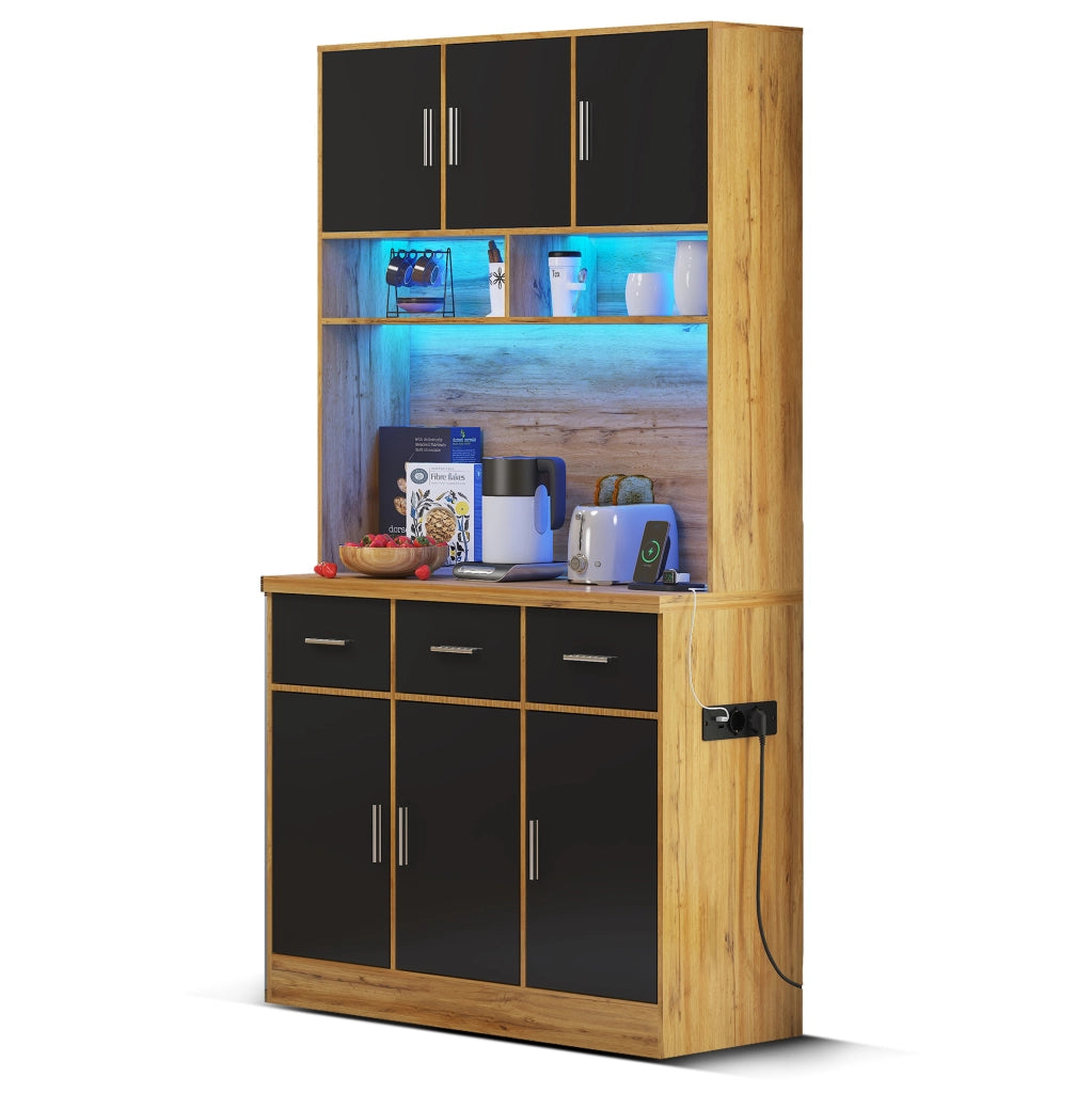 Buffet cucina 100x40x180 cm con LED; prese USB; cassetti e ripiani regolabili; naturale e nero