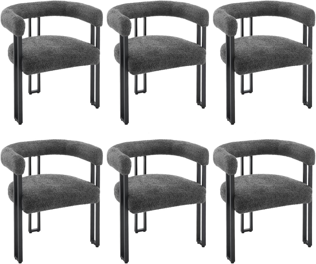Set 6 Sedie Sala da Pranzo, Sedie da Cucina con Braccioli, Sedia da Pranzo con Gambe in Metallo, Sedia Imbottita per Camera da Letto, Soggiorno, Seduta in Ciniglia, Grigio Scuro, EZS25dgr-6