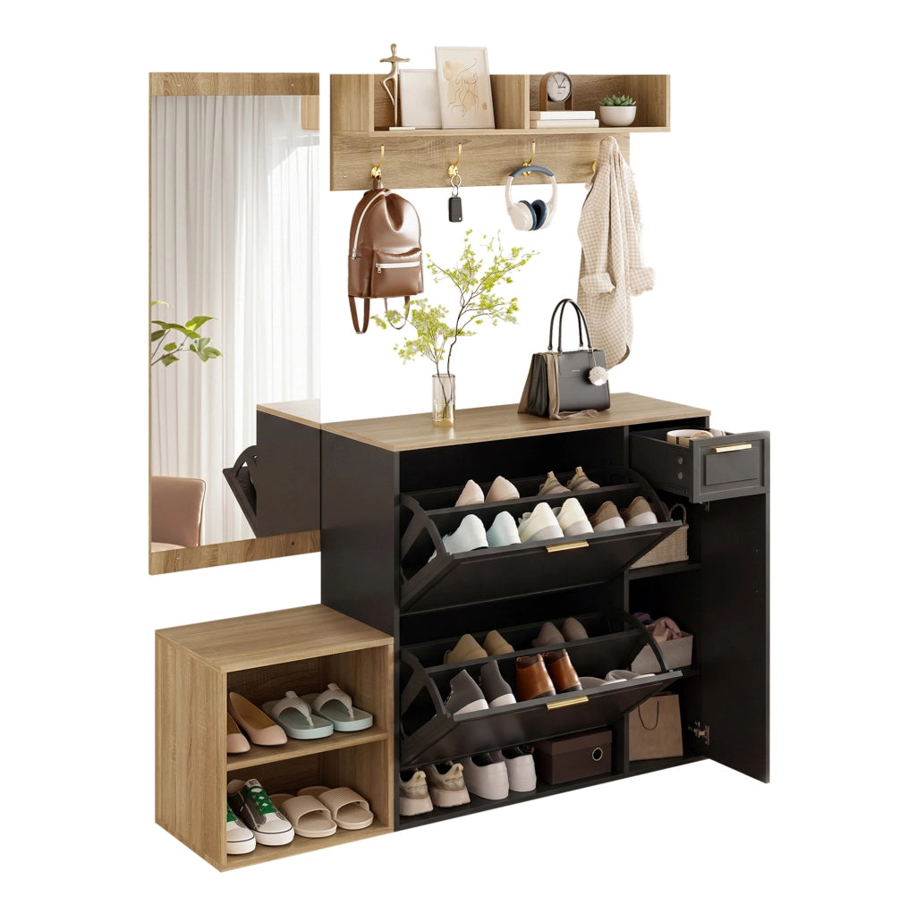 Set guardaroba 4 pezzi 130x30x174 cm naturale nero, truciolare con specchio