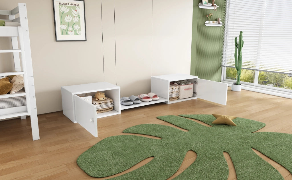 Mobile Porta Scarpe con 2 Ante e Vano Aperto; Panca Ingresso; Stile Classico; in Legno Massello e MDF; 189×40×34;5 cm; Bianco