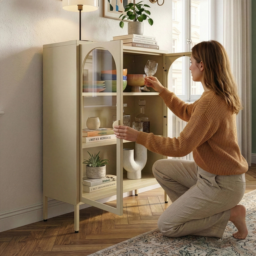 Vetrina Klippestad a 2 Ante in Vetro Credenza con 3 Scomparti 95 x 80 x 35 cm - Color Cammello [en.casa]