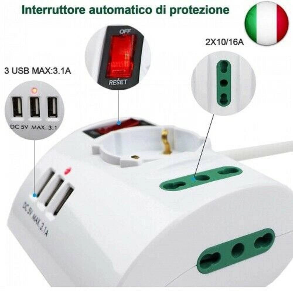 Trade Shop - Multipresa Elettrica Da Scrivania Tavolo Con 3 Presa 3 Usb Bianco Shuko Bipasso -