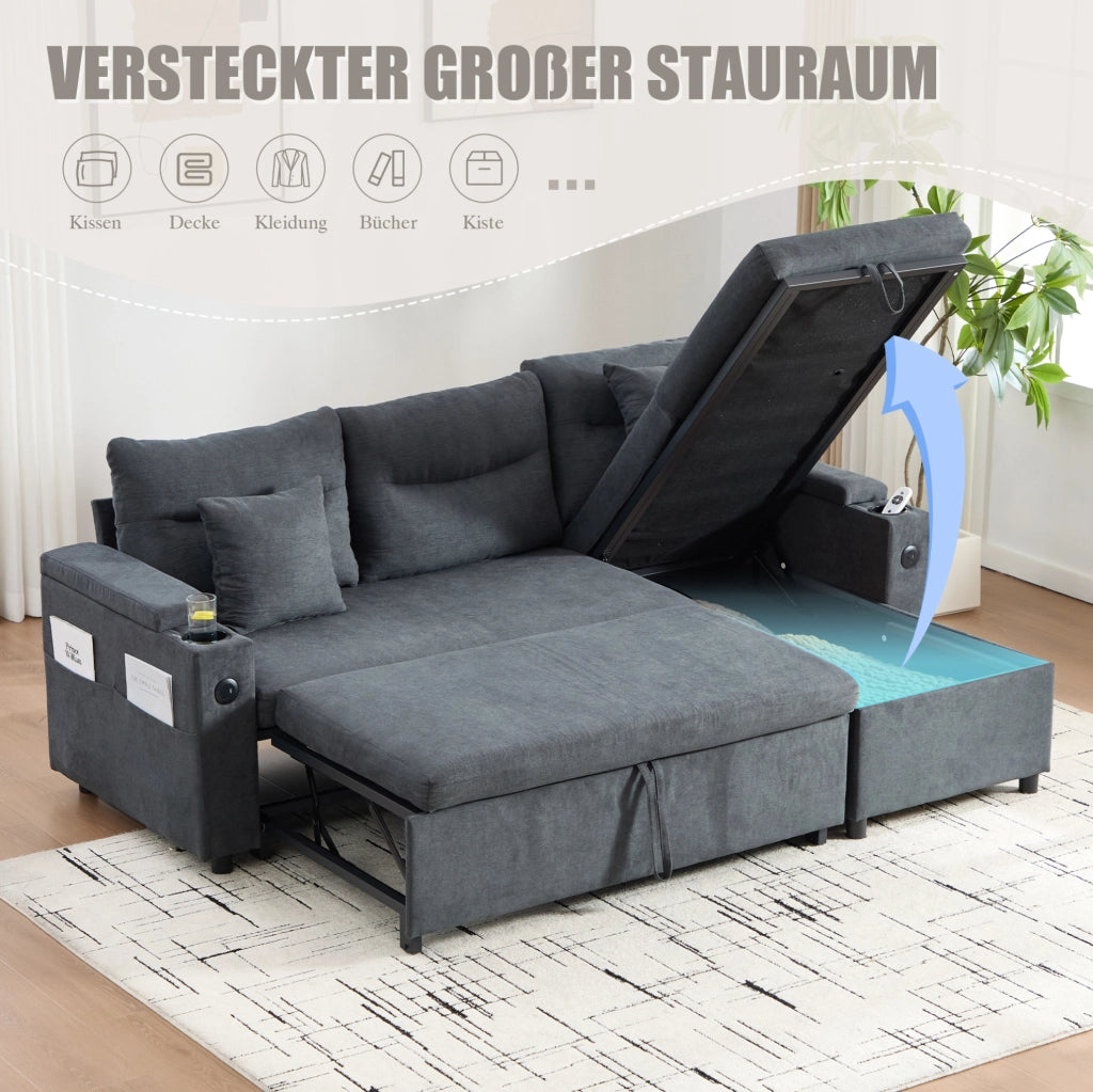 Divano 3 posti in tessuto effetto lino con contenitore; USB-C e letto estraibile; grigio scuro 212;5 cm