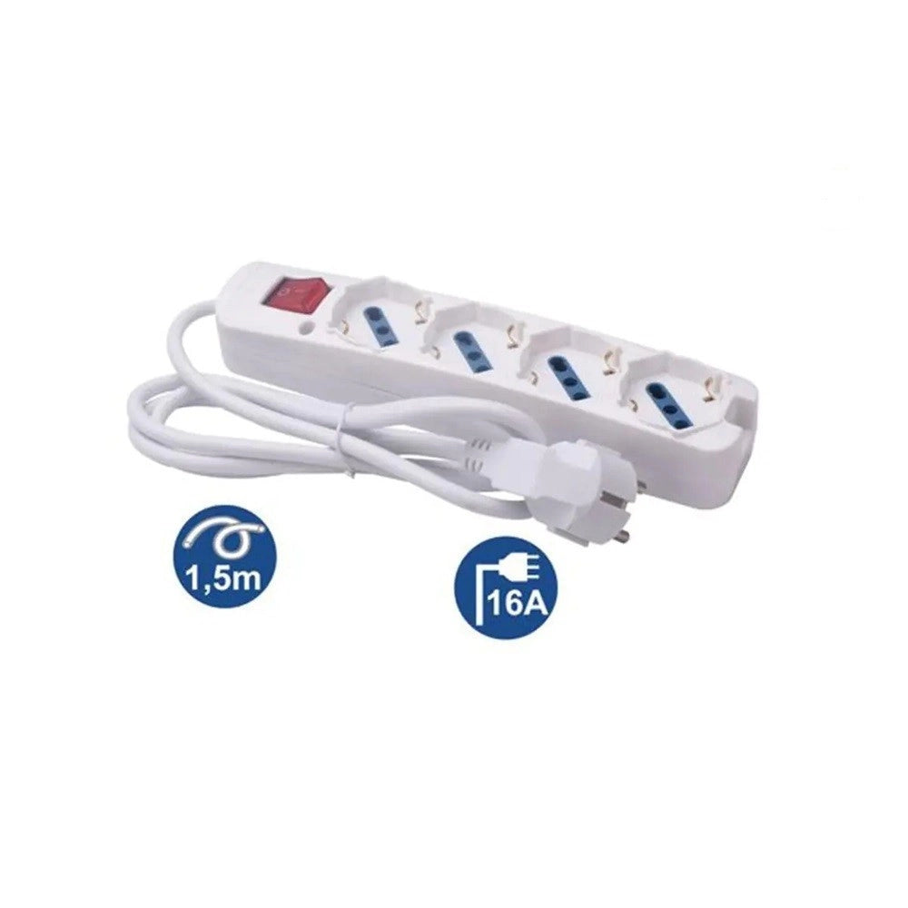 Trade Shop - Multipresa 4 Uscite Universali Spina 16a Cavo 1.5mt Bianco Con Interruttore 80174n -