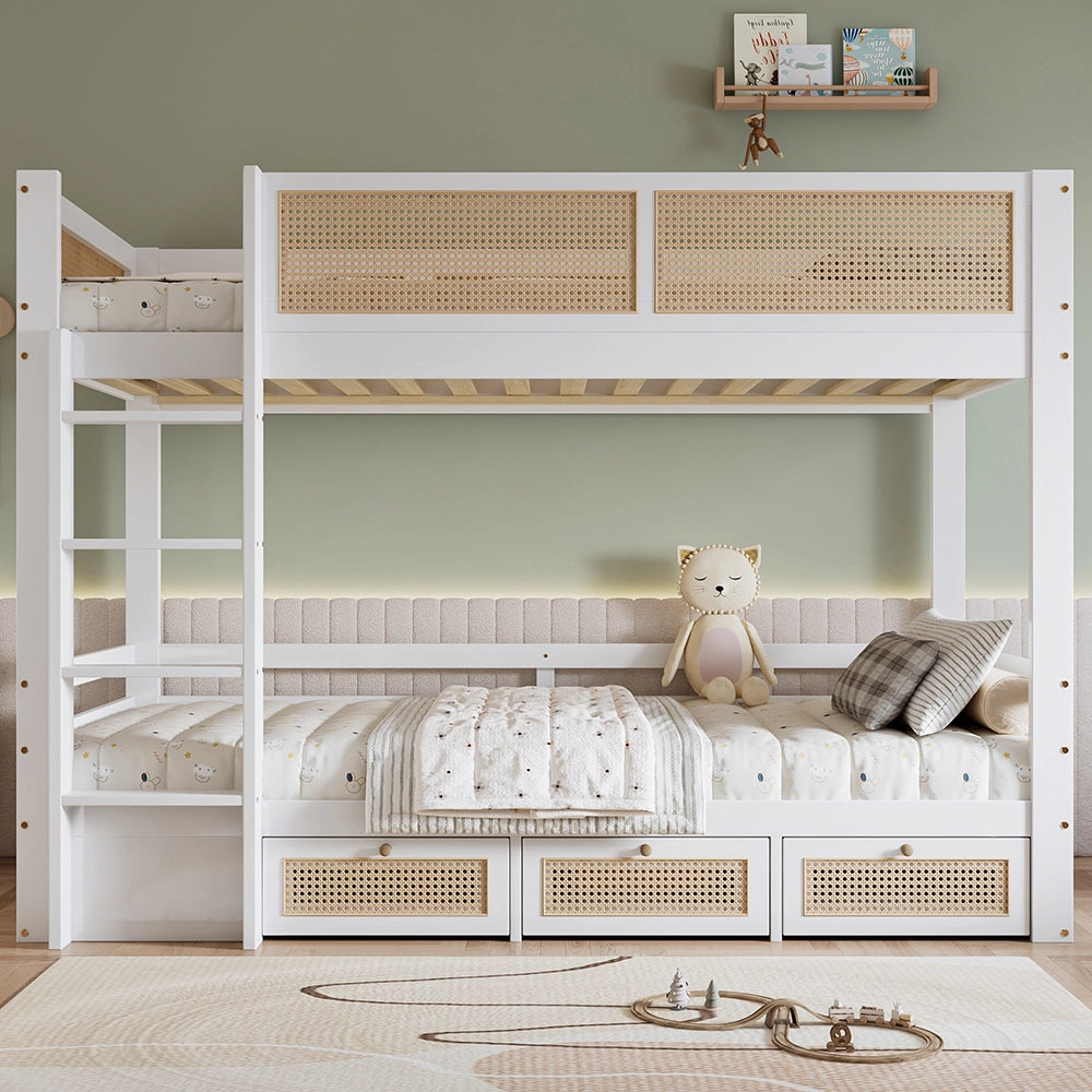 Letto a castello in vimini - Xylo - 90x200cm bianco/naturale, 3 cassetti