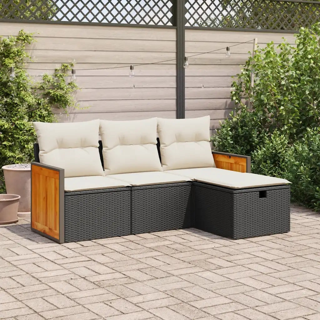 Set Divani da Giardino 4 pz | Set Salotto da Giardino con Cuscini Nero in Polyrattan