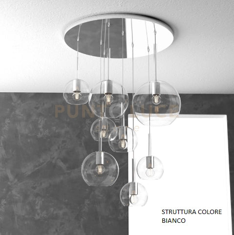 SOSP. BIANCO TONDA 8 LUCI VETRI (1 GRANDE TR+1 MEDIO CR+1 MEDIO TR +5 PICCOLO (3 X CR+2 X TR)) 1155BI-S8 TMIX-TC