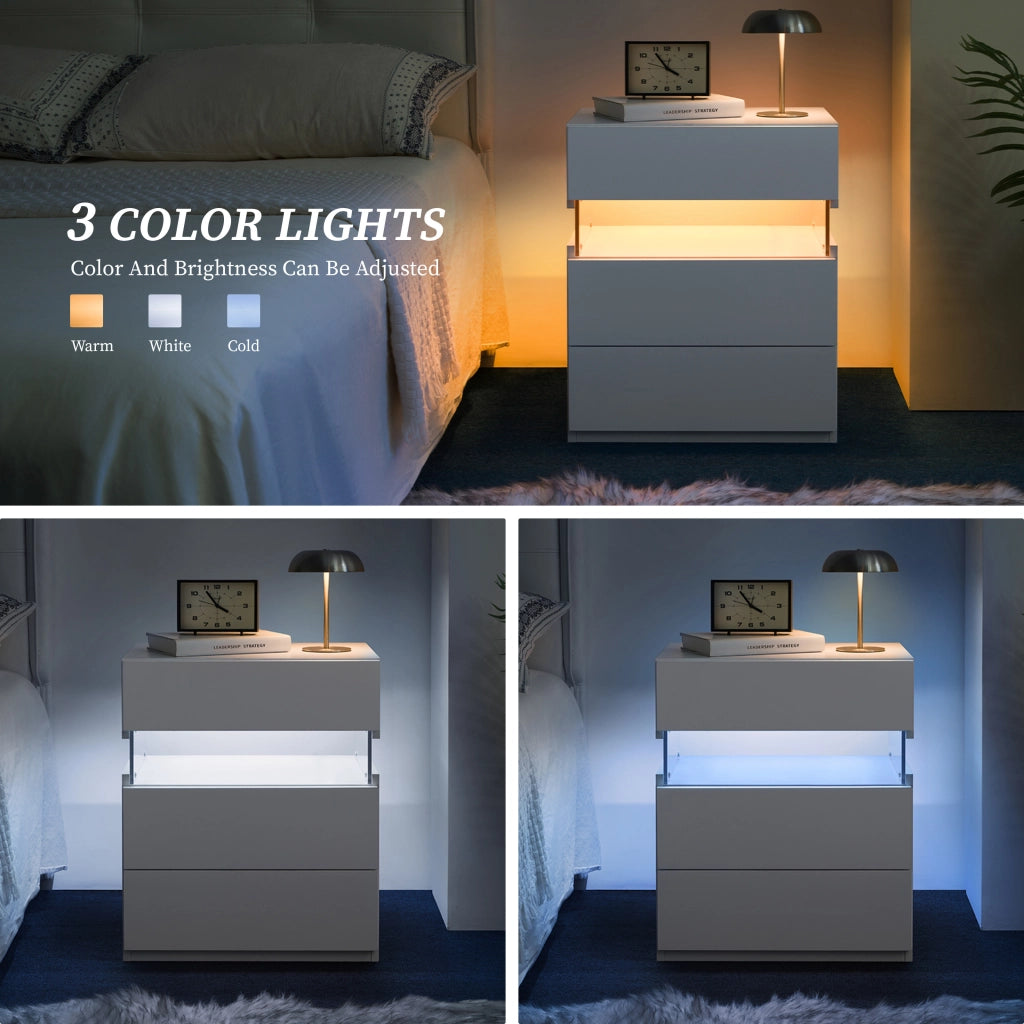 Comodino con led e 3 cassetti con pannello acrilico per camera da letto e soggiorno, in legno ingegnerizzato, bianco