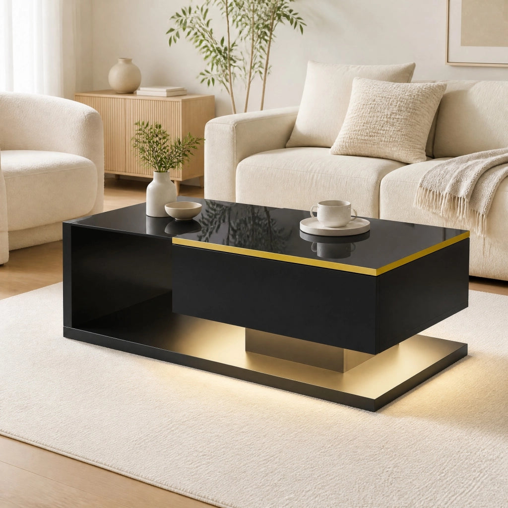 Tavolino da caffè nero lucido 100x50 cm con vetro e LED