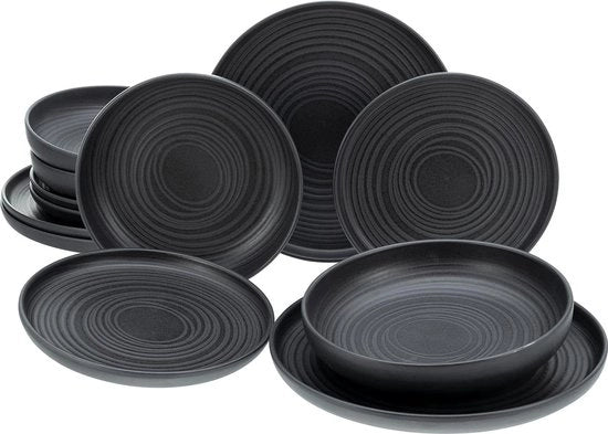 Serie Uno pietra lavica nera set di piatti - 12 pezzi - Servizio di lusso - Accessori per tavola da pranzo set da 6 posti