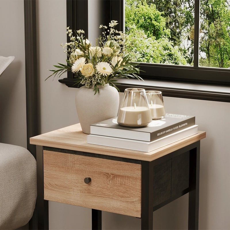Mobiletto da notte stile loft con cassetto e ripiano tavolino ausiliario industriale