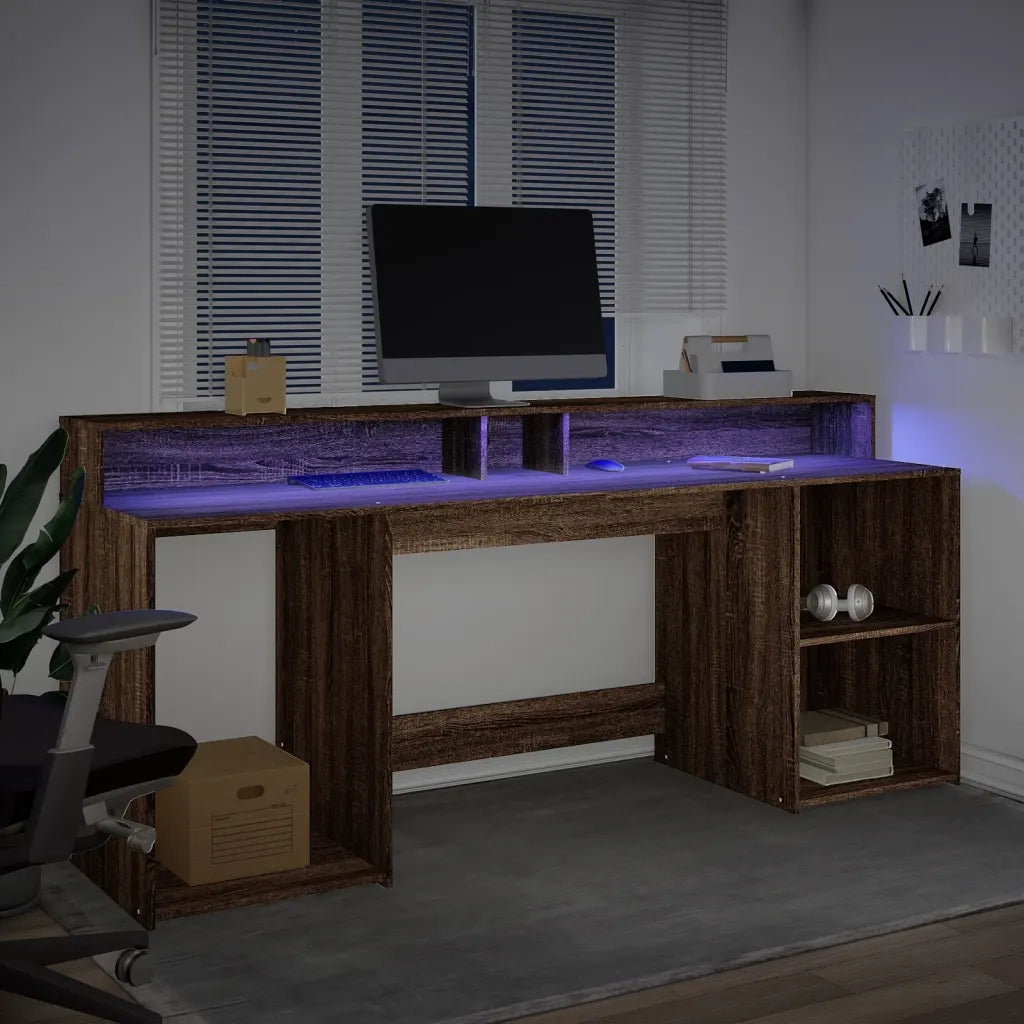 Scrivania | Tavolo da Ufficio con Luci LED Marrone Rovere 200x55x91 cm Truciolato