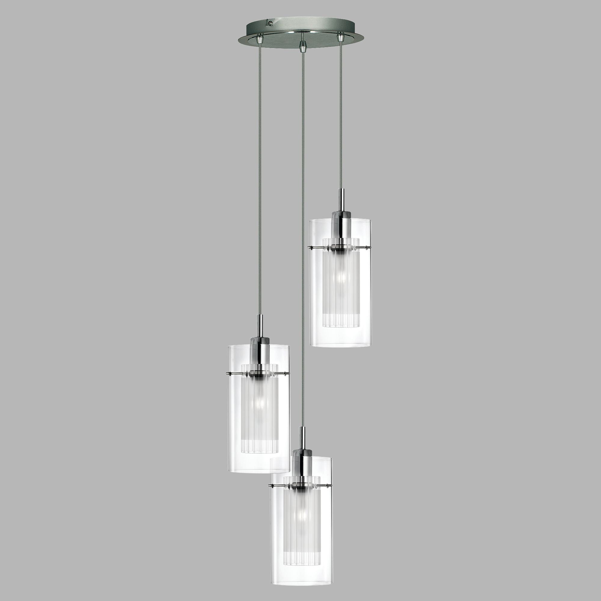 Lampadario Contemporaneo Duo 1 Acciaio Argento Vetro Cromo 3 Luci E14