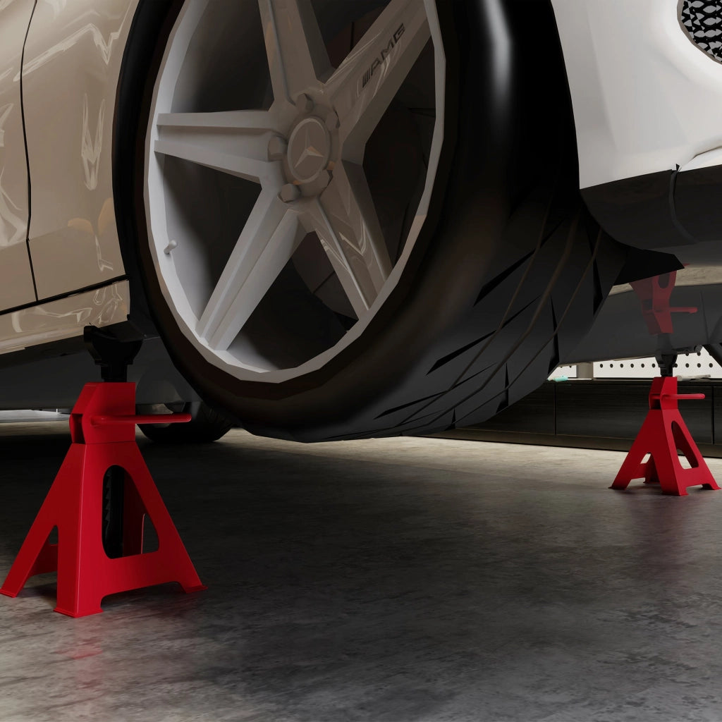 Set 2 Cavalletti Auto 3 Tonnellate di Capacità Altezza 29-42,5 cm Acciaio al Carbonio e Ghisa Rosso
