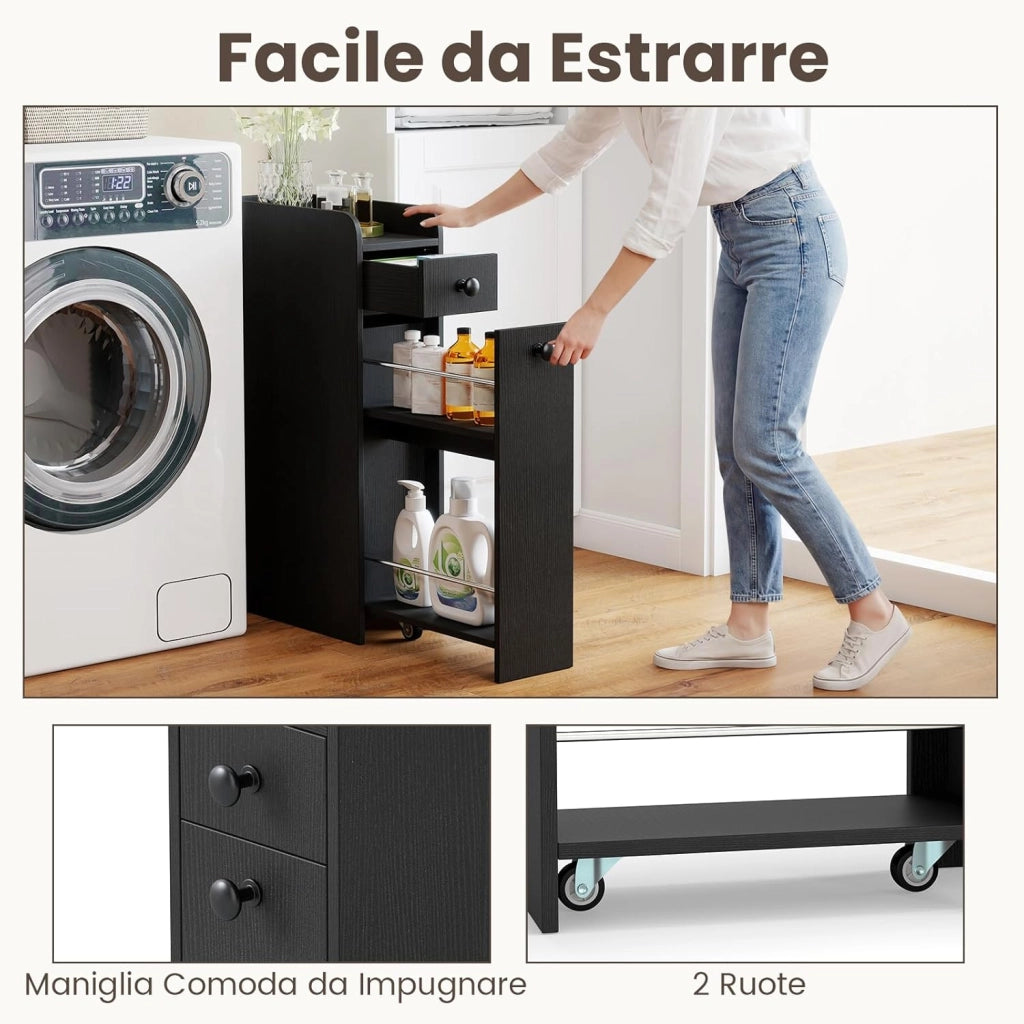 Mobile da Bagno Piccolo, Mobiletto Salvaspazio Stretto con 2 Cassetti e 2 Ruote Girevoli, Credenza Sottile da Terra Autoportante per Bagno, Cucina e Ufficio, 40 x 18 x 70 cm (Nero)