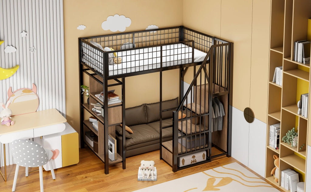Letto a castello nero in metallo e legno con funzione contenitore 90x200 cm