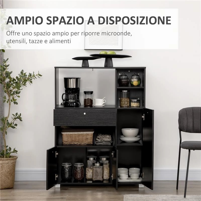 CREDENZA DA CUCINA IN LEGNO PER MICROONDE CON ARMADIETTI MENSOLE E CASSETTO 90X40X120 CM NERO