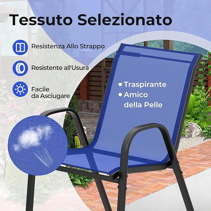 Set Mobili da Giardino 3 Pezzi, con Tavolo Rotondo in Vetro Temperato e 2 Sedie in Textilene Traspirante, per Esterno Balcone Giardino (Blu)