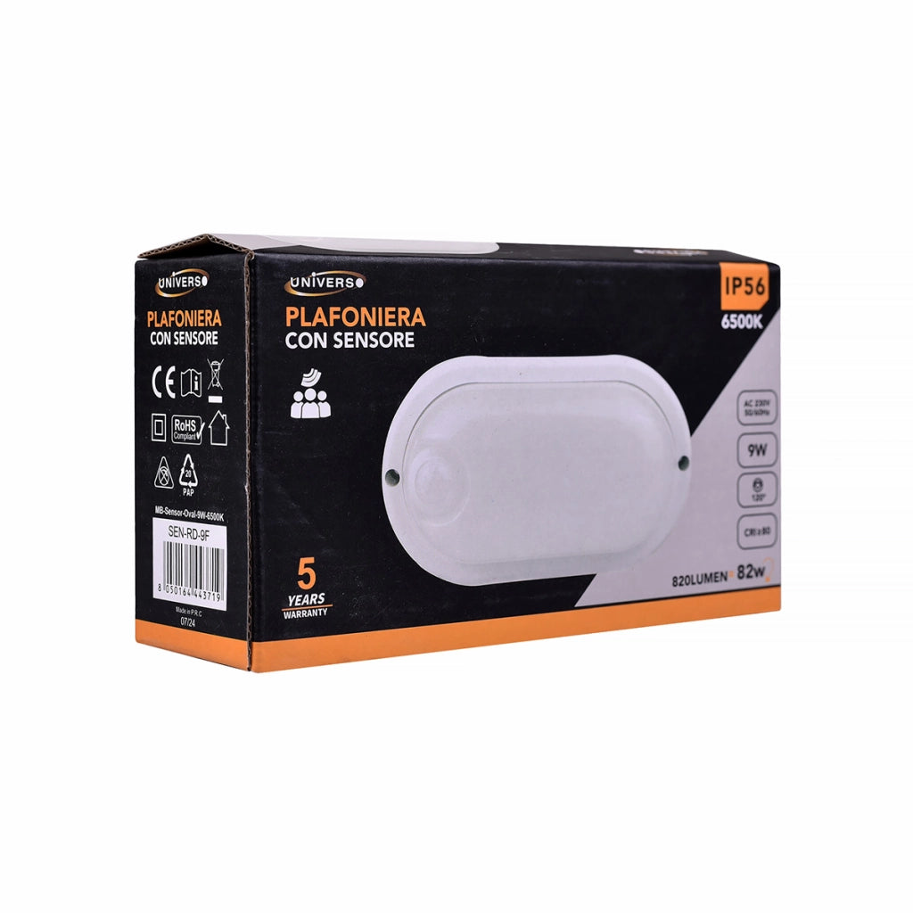 APPLIQUE LAMPADA LED DA PARETE CON SENSORE 9W LUCE FREDDA 6500K° IP56 - RILEVAMENTO 4-5 METRI RISPARMIO ENERGETICO PER ILLUMINAZIONE INTERNA ED ESTERNA