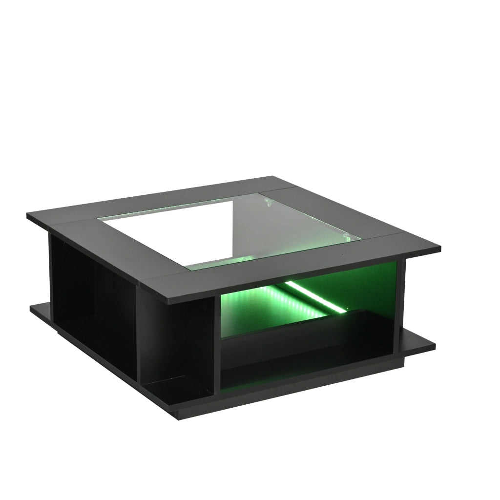 Tavolino da salotto quadrato 70x70x30 cm con piano in vetro, finitura lucida nera, LED e vano contenitore