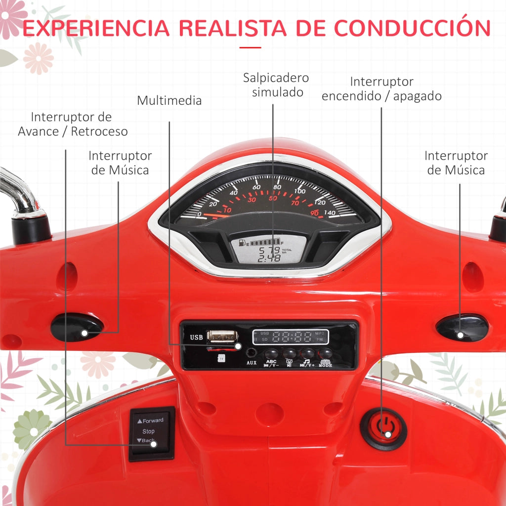Moto Elettrica per Bambini Scooter Vespa ¨C Xylo ¨C Rosso con Luci LED MP3 USB 3+ Anni