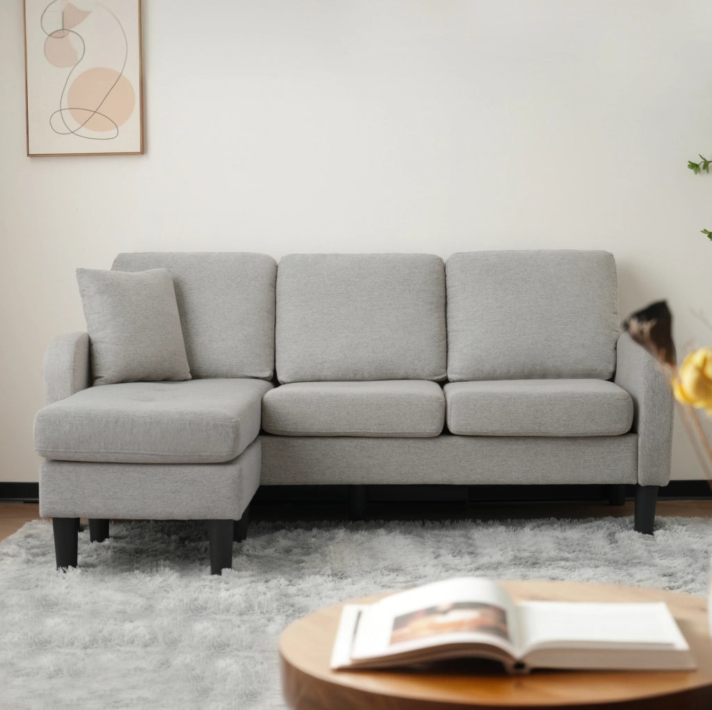 Divano angolare modulare a 3 posti grigio con modulo allungato, compatto e confortevole