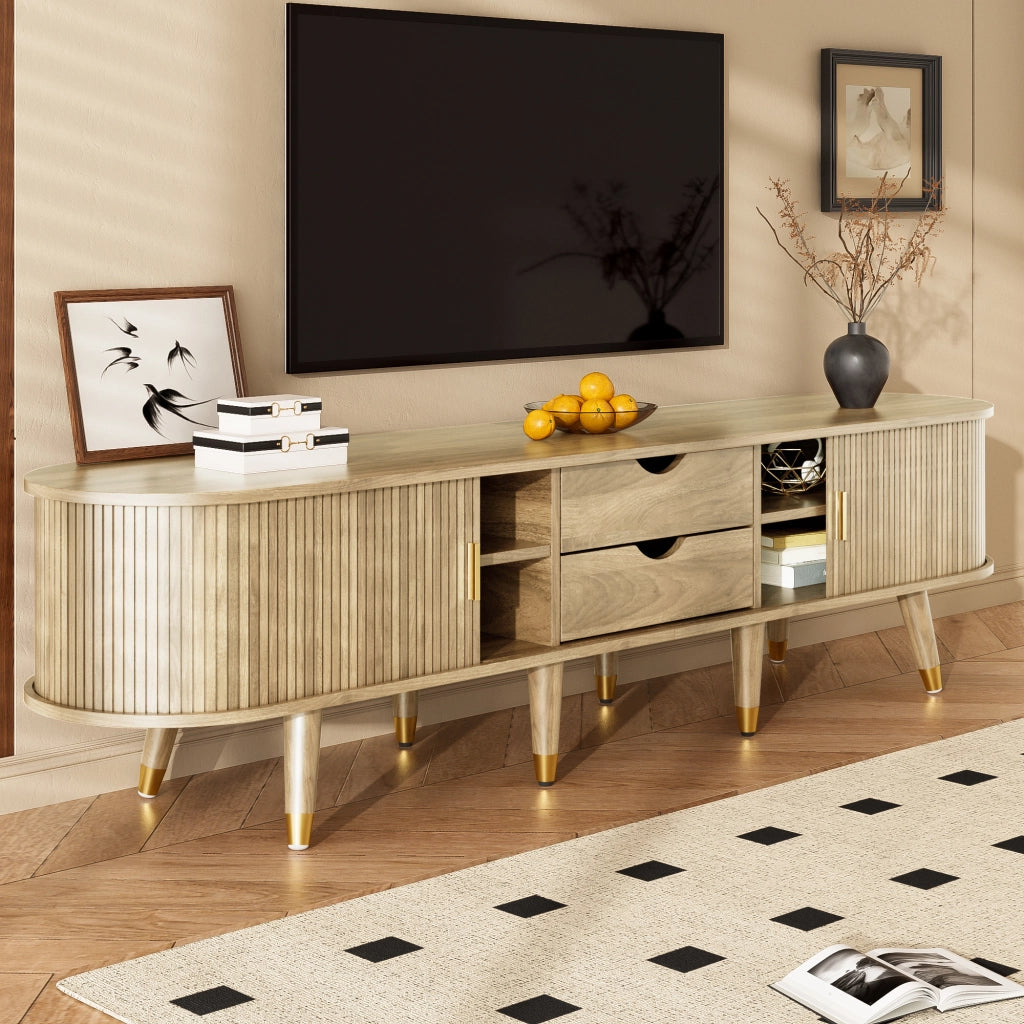 Mobile TV con 2 Ante Scorrevoli; 2 Cassetti e Vani a Giorno; Stile Naturale; 175??38??45 cm; in MDF; Rovere