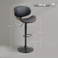 Set 2 Sgabelli da Bar con Schienale Regolabili in Altezza, Legno e Finta Pelle, 53x52x92-112 cm, Nero