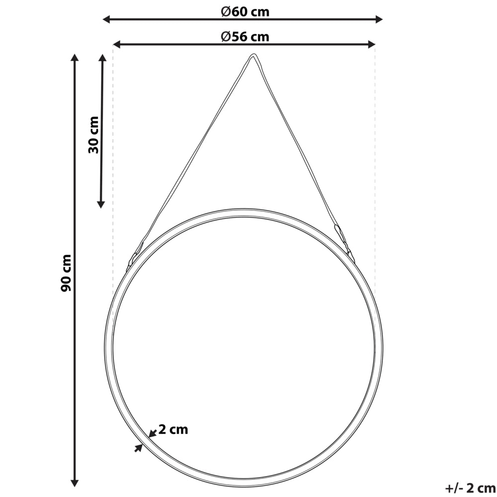 Specchio da parete con cinturino in finta pelle in metallo dorato anticato rotondo da 60 cm decorativo da appendere con moderno