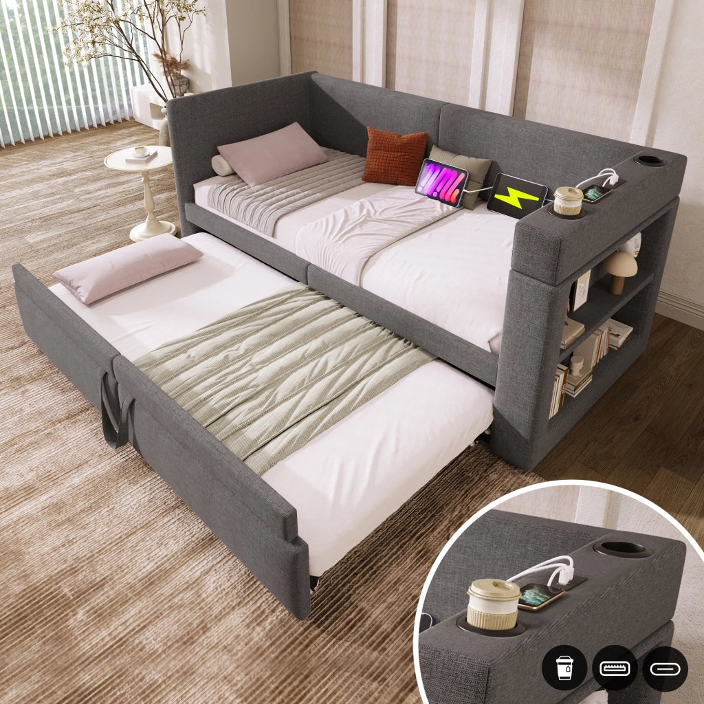 LETTO Daybed imbottito estraibile 90x200 cm Grigio con USB e Type-C senza materasso