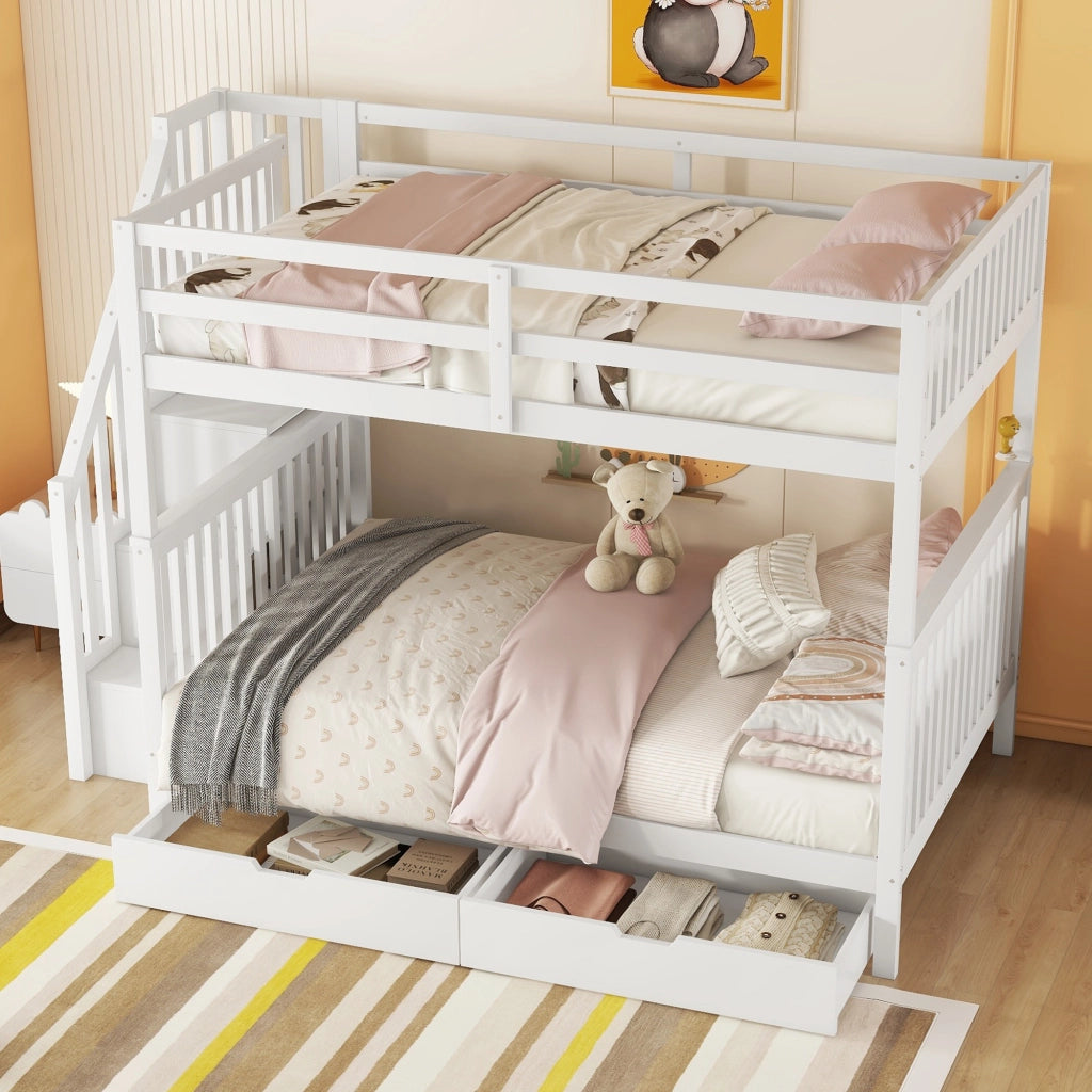 OKWISH Letto a Castello 140×200 cm, Letto Matrimoniale con Scala con Ripiani, 2 Cassetti e Sponde Alte, senza Materasso, Bianco