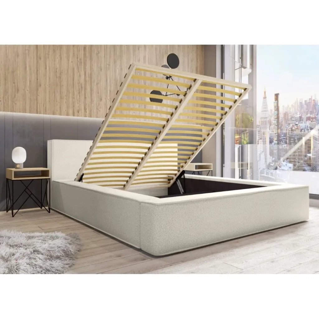 Letto contenitore VELORA – Sabbia ricciolata – 160x200 cm – Tessuto effetto lana – Rete sollevabile – Contenitore integrato