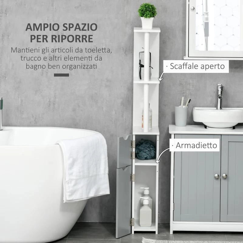 COLONNA BAGNO CON 2 RIPIANI E 2 ARMADIETTI, IN LEGNO, 15.2X29.8X118 CM, BIANCO E GRIGIO