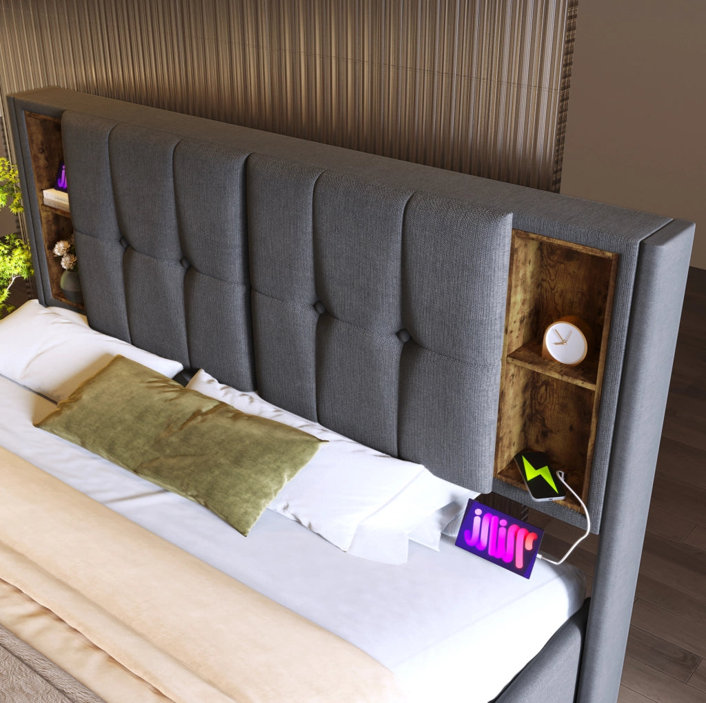 Letto matrimoniale imbottito 160x200 cm grigio con ricarica wireless; USB e contenitore