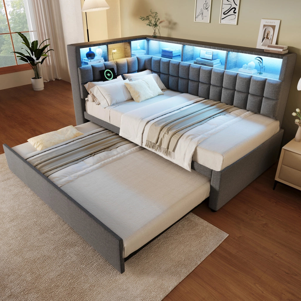 Letto imbottito 90x200 cm con letto estraibile; LED; Bluetooth; USB-A e USB-C; grigio
