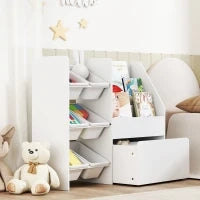Scaffale Portagiochi con 6 Cesti, 3 Ripiani e Box Inferiore, in Legno, Plastica e Acciaio, 100x30x80 cm, Bianco