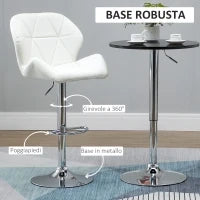Set 2 Sgabelli da Bar con Altezza Regolabile, Base in Metallo e Seduta in Pelle PU, Sgabelli con Schienale e Poggiapiedi, 51.5x57.5x93-114.5cm, Bianco