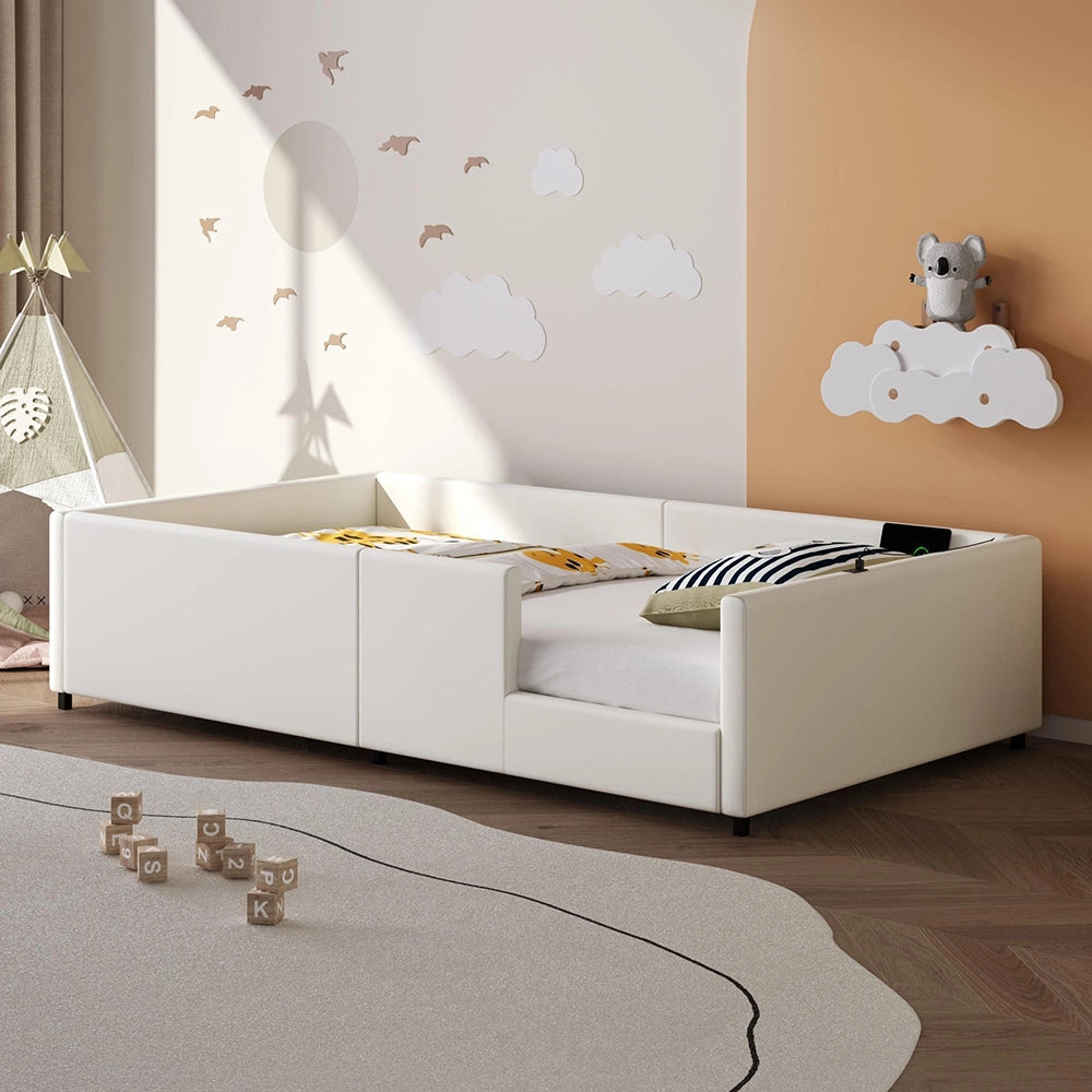Letto 90x200cm con barriera - Xylo - piattaforma imbottita USB bianco