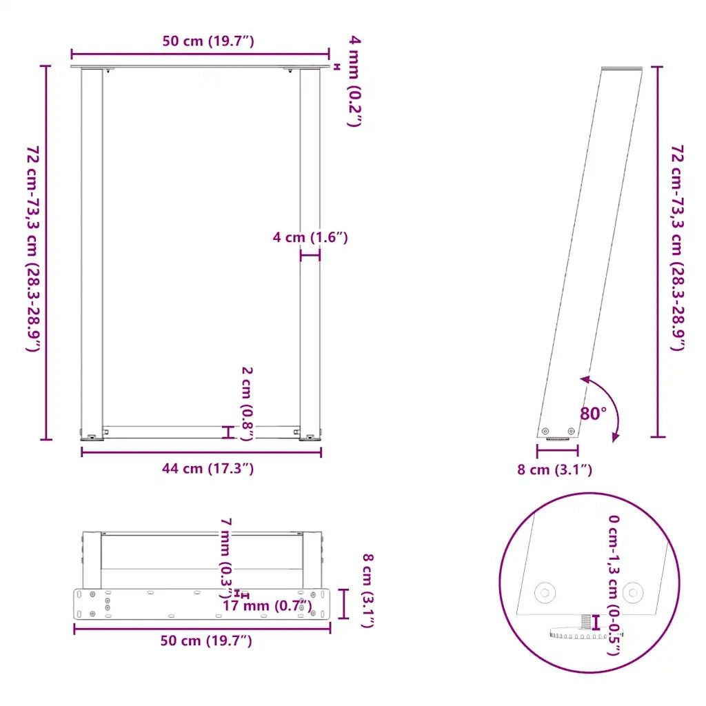 Gambe per tavolo da pranzo a forma di U 2 pz in acciaio naturale 50x(72-73) cm 4012787