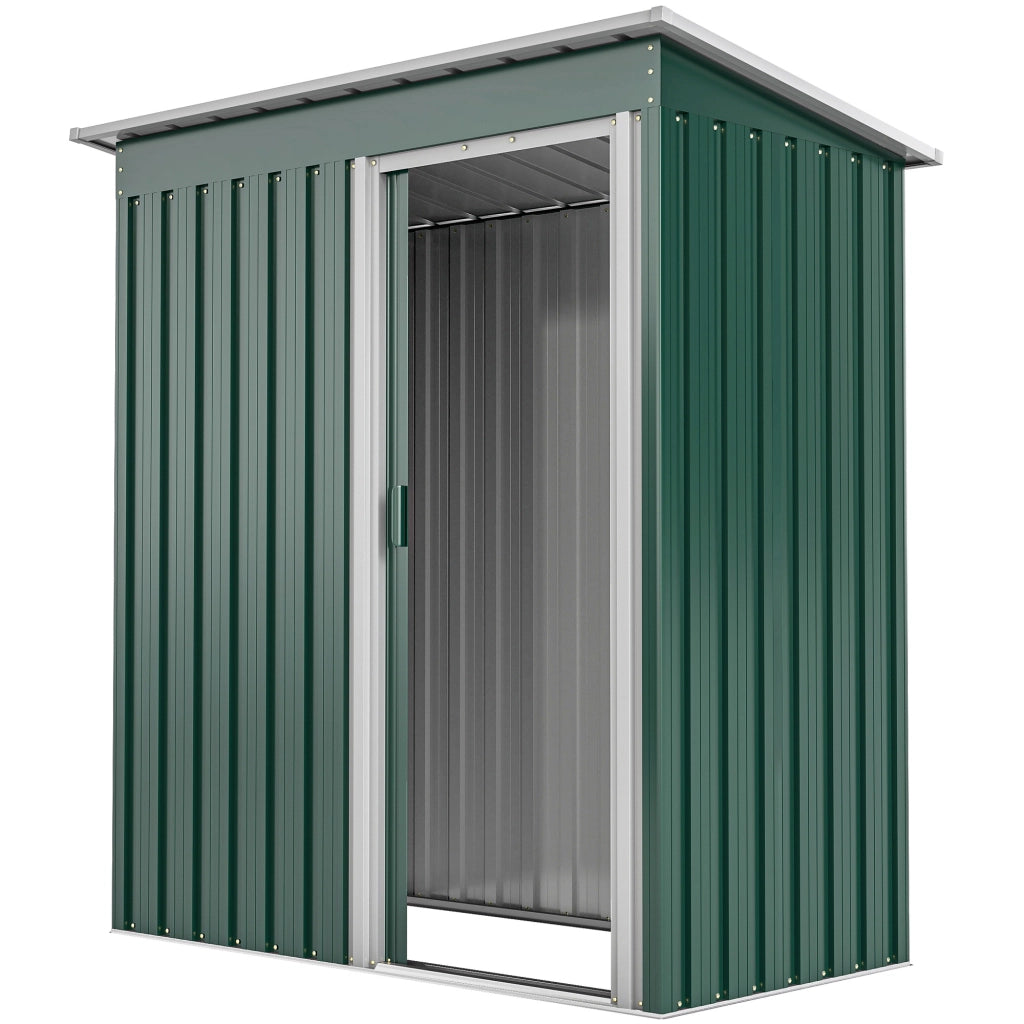 Capanno Attrezzi con Tetto Inclinato e Porta Scorrevole, in Acciaio Zincato, 163x89x182 cm, Verde