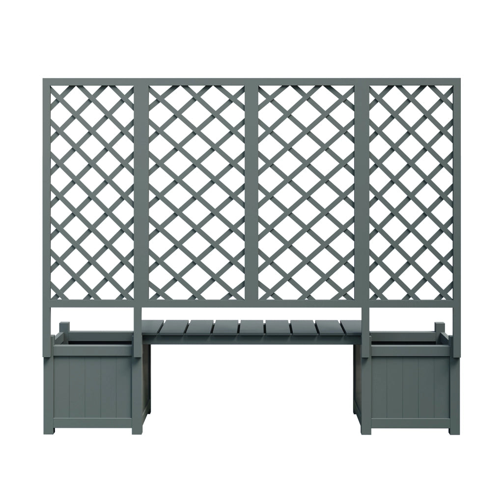 Panca da giardino con fioriera e traliccio in legno grigio con seduta per terrazza e balcone