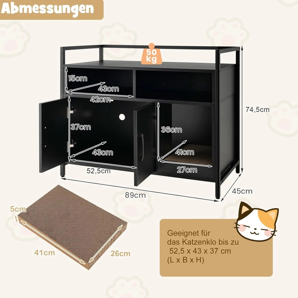 Mobile Lettiera per Gatti con 3 Ripiani Aperti e 2 Ante, Armadietto per Gatto in Legno, Grotta Rifugio con Grattatoio in Cartone Multiuso per Ingresso e Soggiorno (Nero, 89 x 45 x 74,5 cm)
