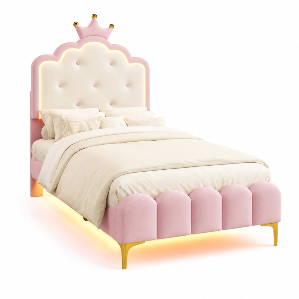 Letto singolo a forma di corona, 90 x 200 cm, con rete a doghe, LED ambientale, rosa, PU
