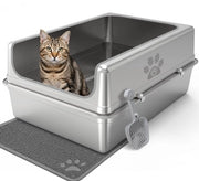 Ciotola per gatti in acciaio inox con coperchio, XXL, rimovibile, altezza 30 cm, pareti laterali, robusta, facile da pulire, con cucchiaio, ciotola per gatti, 69,5 x 49,5 x 30 cm.