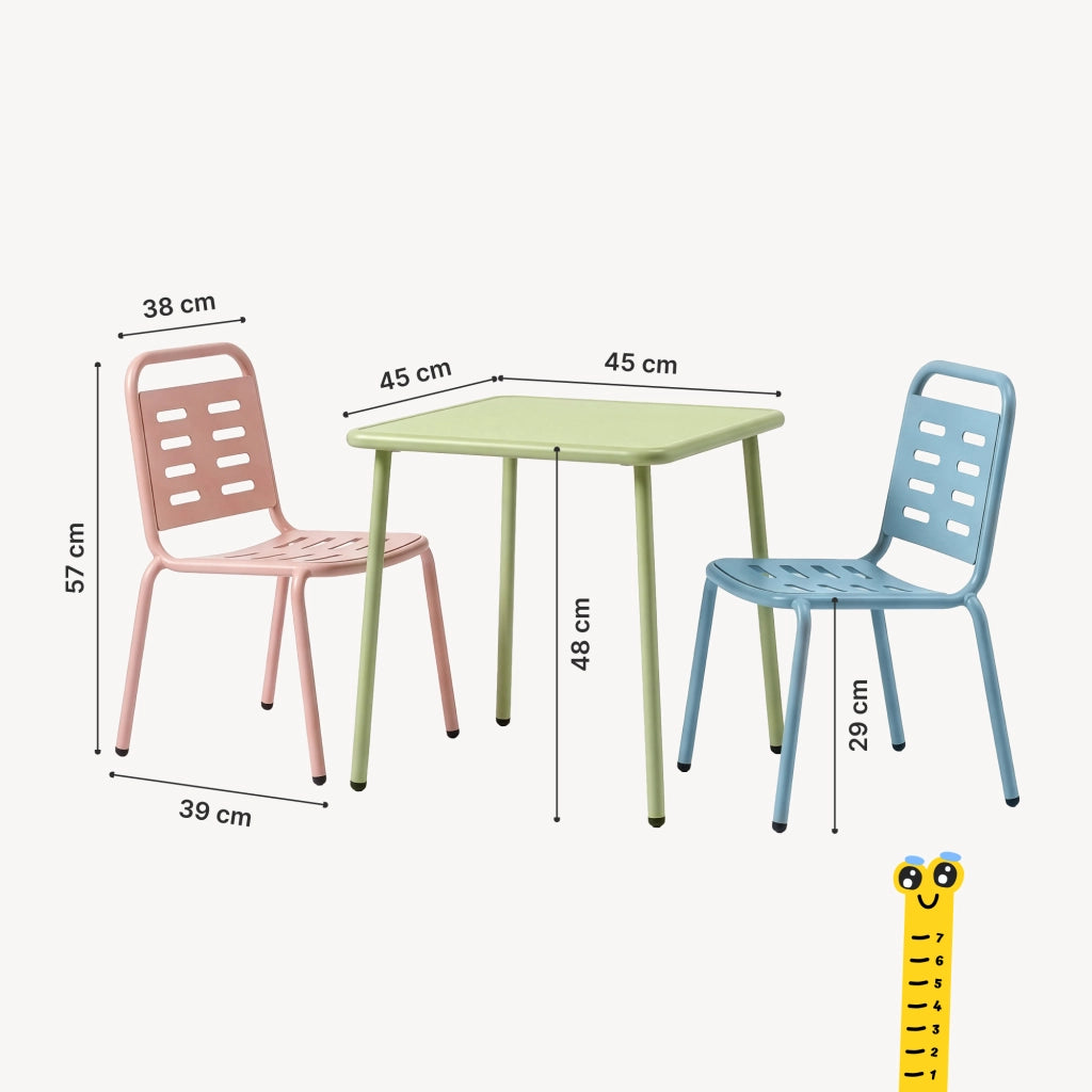 Set di 3 Mobili Etroubles per Bambini Tavolino e 2 Sedie per Esterno e Interno - Verde Salvia/Celeste/Pesca casa.pro