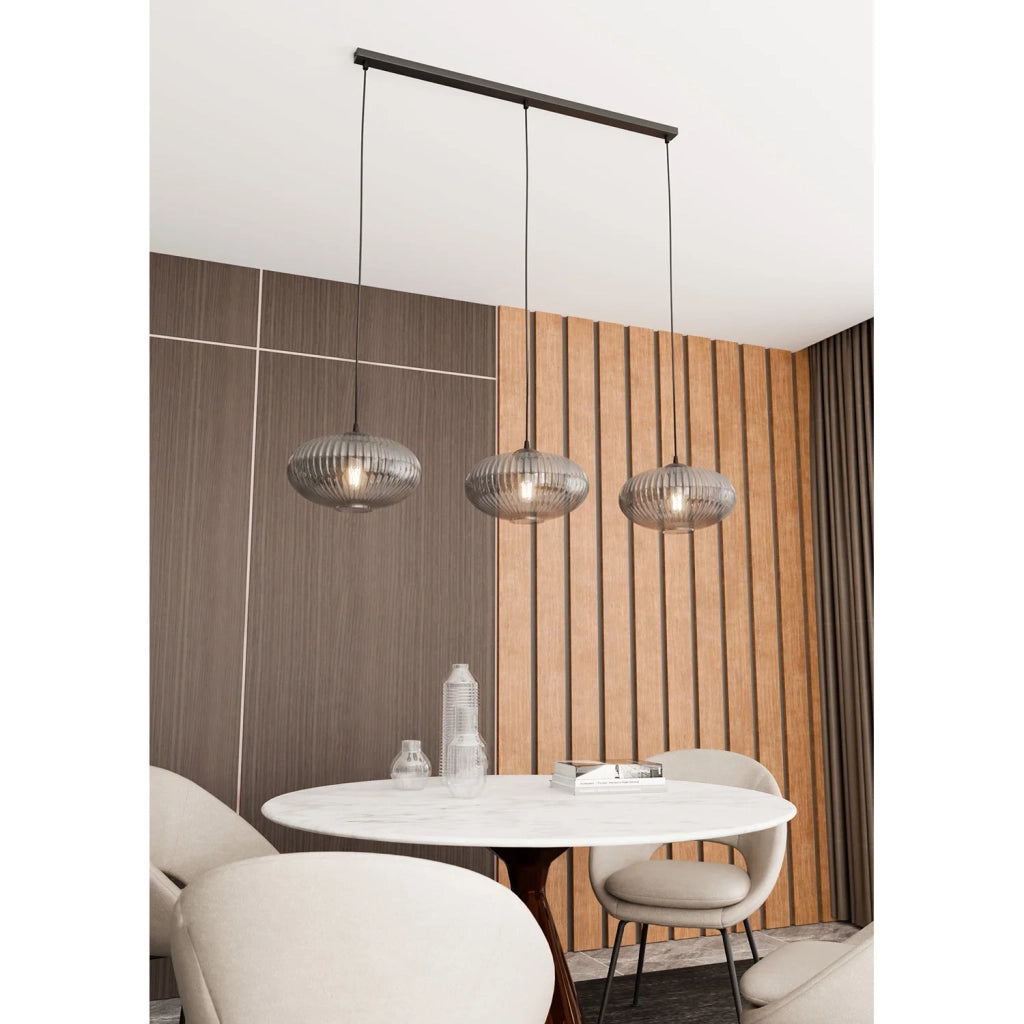 Lampadario 3 Luci Iris In Acciaio Nero Paralume Plissettato Fumè