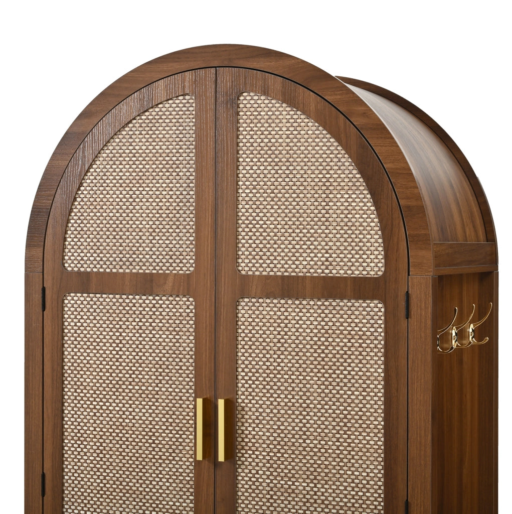 Armadio 80x50x179 cm con ante curve e pannelli in rattan; in MDF noce