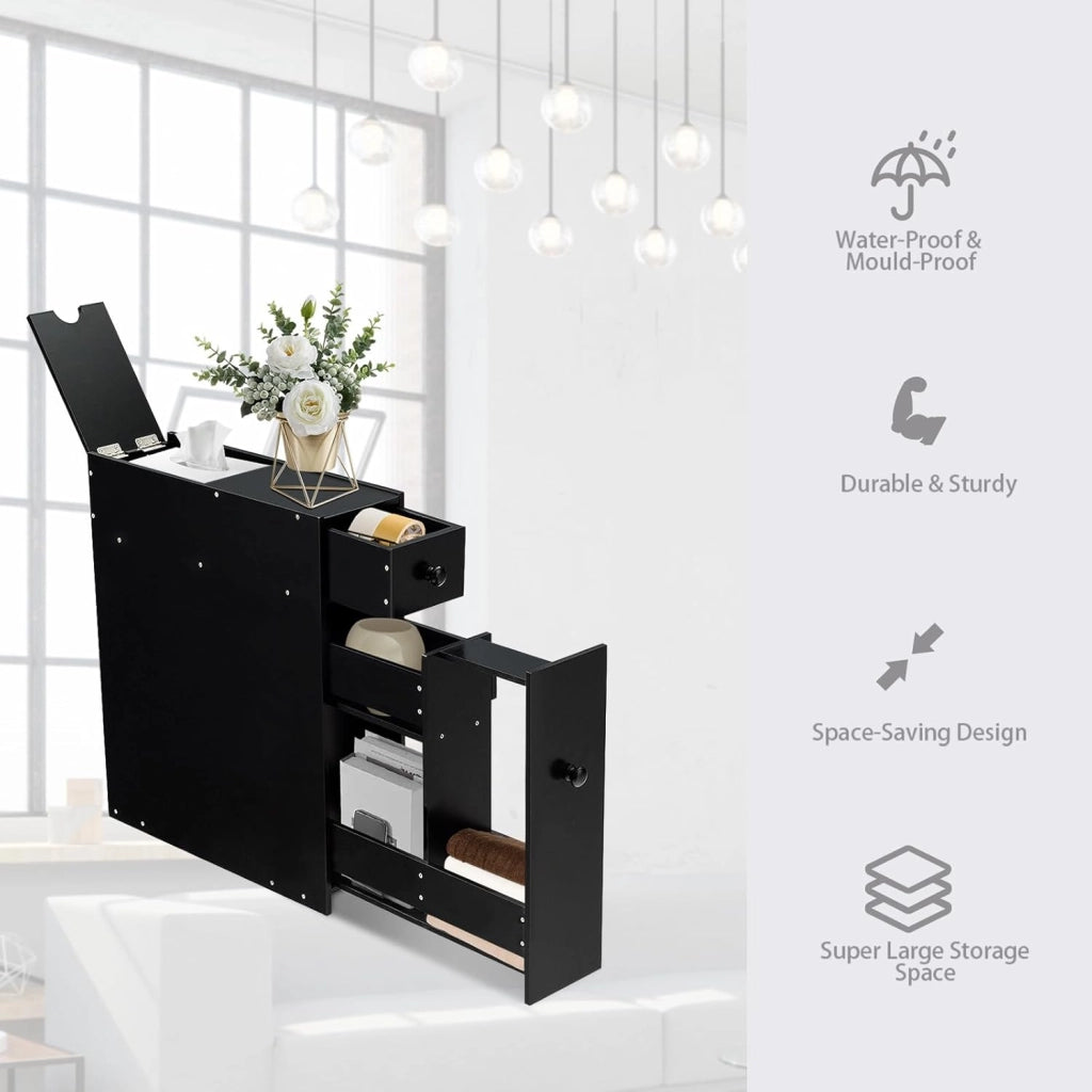 Armadio da bagno stretto, mobile con 2 cassetti, scaffale laterale, salvaspazio, colonna da bagno, armadio da pavimento, per cucina, ufficio, 48 x 16 x 58 cm (nero)