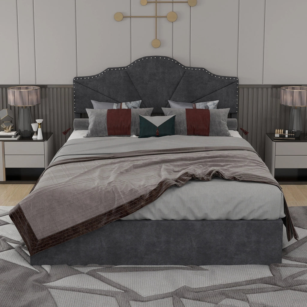 Letto Contenitore Imbottito ¨C MINIMAL ¨C Grigio 140x200 con Testiera, Doghe e Alzata Idraulica